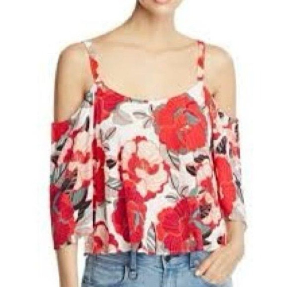 Cupcakes & Cashmere Cold Shoulder Cropped Top XS Red Floral